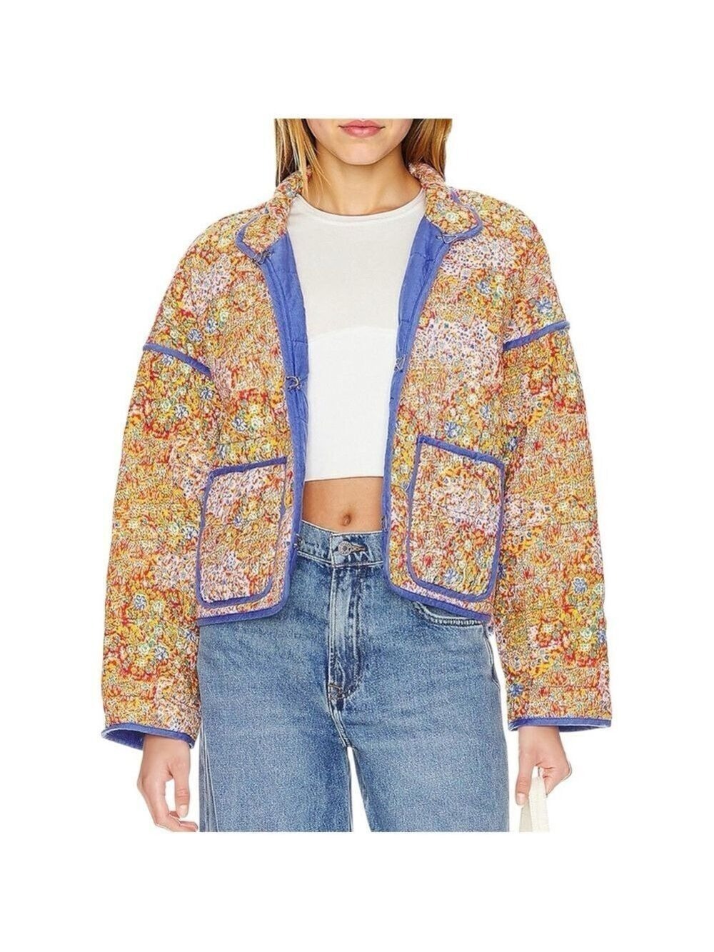 Floral Quilted Relaxed Fit Boho Multicolor Lightweight Spring Jacket with Trim